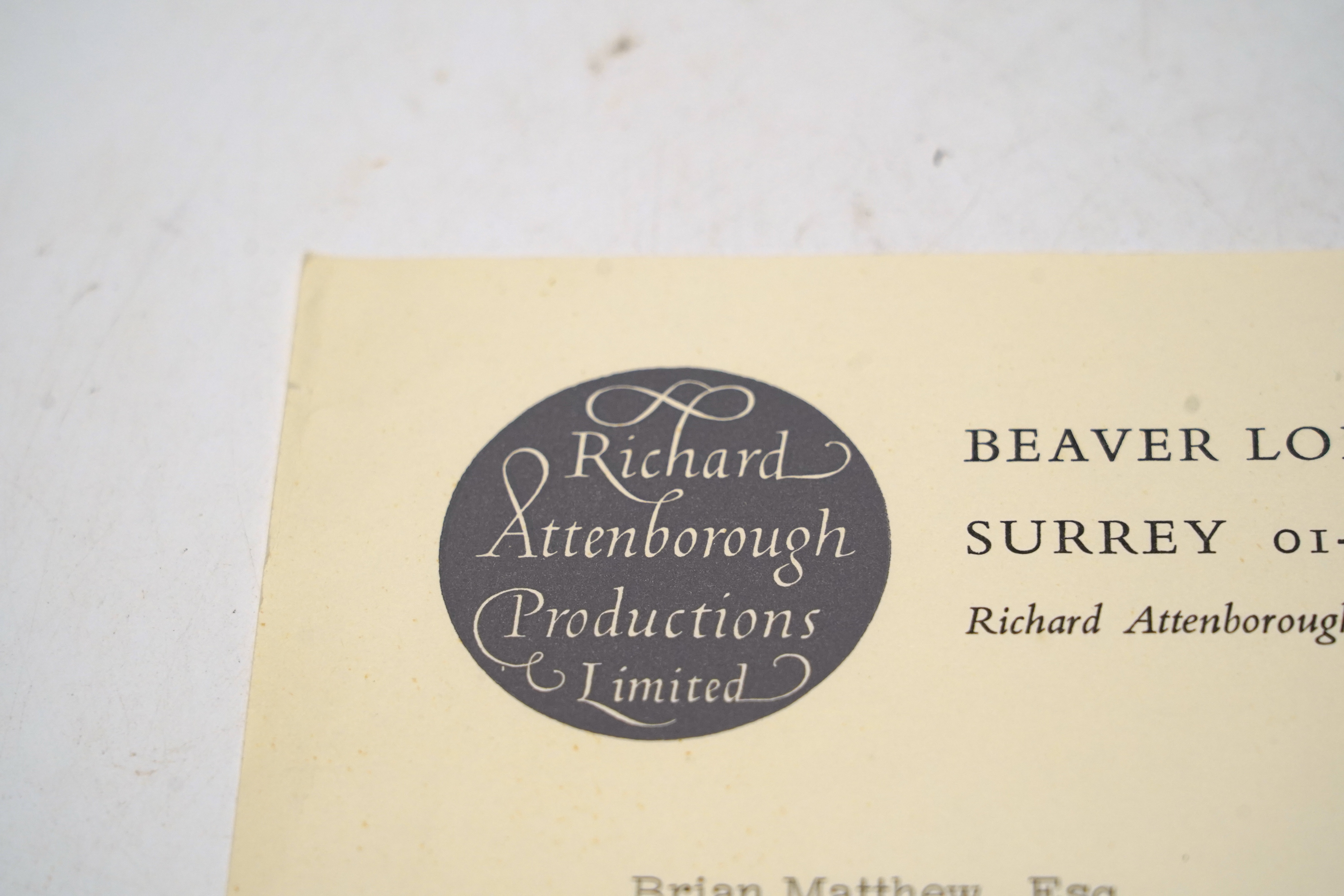 A letter from Richard Attenborough to Brian Matthew dated 6th February 1970, typed and signed on headed note paper, together with a BBC 75th anniversary First Day Cover sent to Brian Matthew